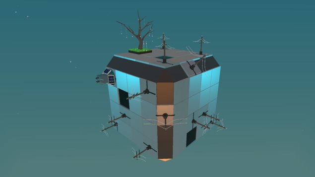 On voit un cube avec des poteaux électriques sur sa surface et un arbre dans lequel sont accrochées des lumières éteintes. On voit un cube avec des poteaux électriques sur sa surface et un arbre dans lequel sont accrochées des lumières éteintes.