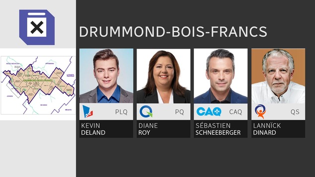 Tableau avec les visages des candidats : Kevin Deland pour le PLQ, Diane Roy pour le PQ, Sébastien Schneeberger pour la CAQ et Lannïck Dinard pour QS.
