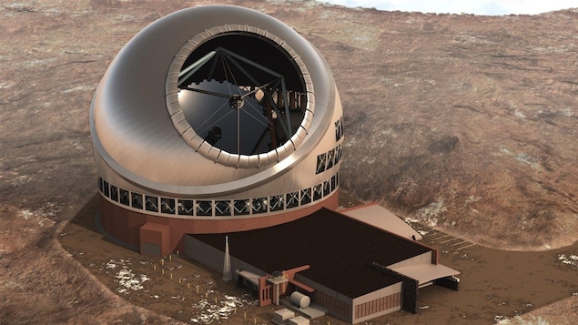 Représentation artistique à vol d'oiseau du projet du plus grand télescope du monde (TMT) à Hawaï