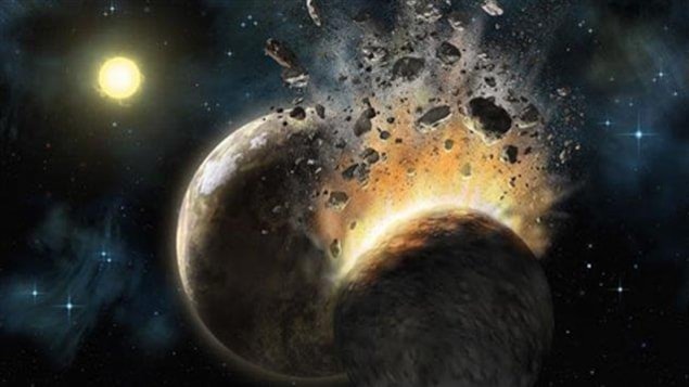 Impression artistique du choc entre un corps céleste et la Terre. Impression artistique du choc entre un corps céleste et la Terre.