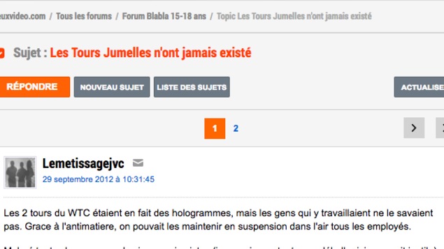 Capture d'écran d'un forum qui explique que les tours jumelles n'ont jamais existé Capture d'écran d'un forum qui explique que les tours jumelles n'ont jamais existé