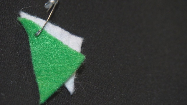 Deux triangles de feutre, un vert et un blanc, épinglés à un manteau.