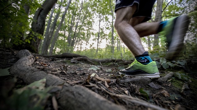 Les pieds d'un coureur en sentier