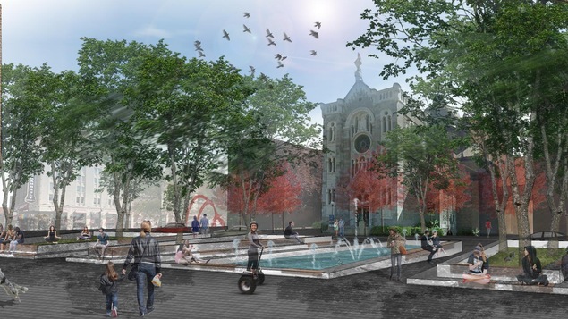 La place du parvis de l'ancienne église Saint-Jacques sur la rue Sainte-Catherine sera réaménagé avec un bassin d'eau. La place du parvis de l'ancienne église Saint-Jacques sur la rue Sainte-Catherine sera réaménagé avec un bassin d'eau.