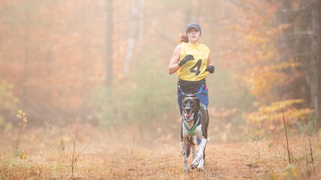 Une femme qui court avec son chien sur un sentier.