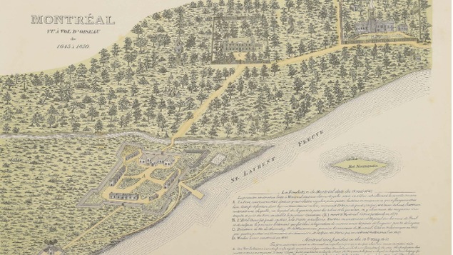 Le fort Ville-Marie, la résidence de Maisonneuve et l'Hôtel-Dieu apparaissent sur cette carte de Montréal de 1645 à 1650 Le fort Ville-Marie, la résidence de Maisonneuve et l'Hôtel-Dieu apparaissent sur cette carte de Montréal de 1645 à 1650