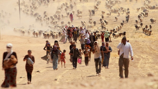 Des hommes, femmes et enfants marchent dans le désert accompagnés de moutons.