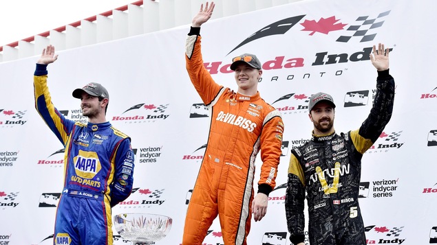 De gauche à droite, Alexander Rossi, Josef Newgarden et James Hinchcliffe De gauche à droite, Alexander Rossi, Josef Newgarden et James Hinchcliffe