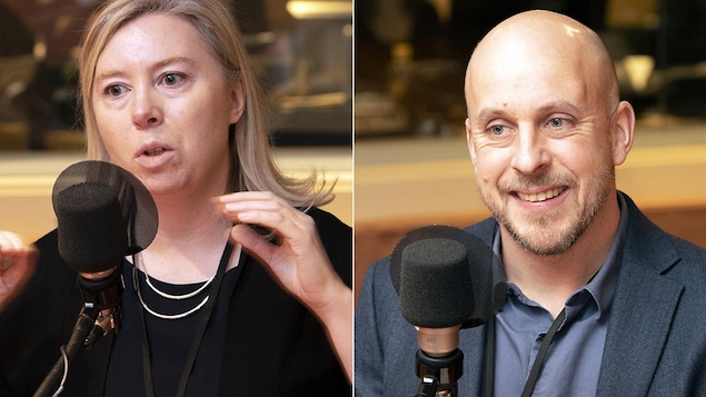 Une femme et un homme sont dans un studio de radio.