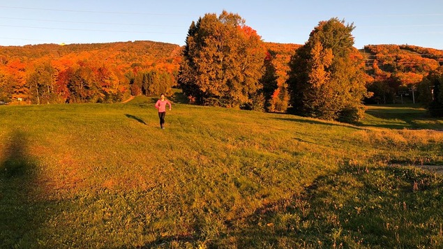 Une femme court sur un sentier aux couleurs d’automne