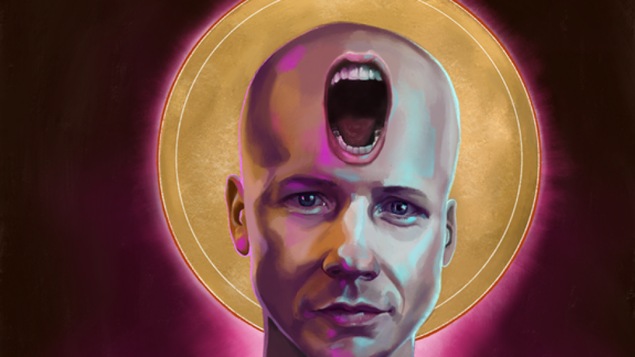 Un dessin représentant John Cameron Mitchell avec une bouche ouverte sur le front.