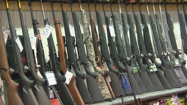 Un étalage de fusils de chasse chez un marchand