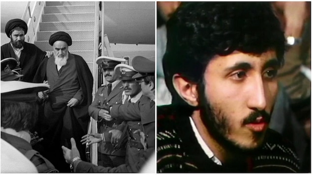 À gauche: L'ayatollah Rouhollah Khomeini foule le sol iranien, à son retour d'exil, le 1er février 1979, en pleine révolution islamique. À droite : En 1982, Amir Khadir participe à une grève de la faim en solidarité avec le peuple iranien.