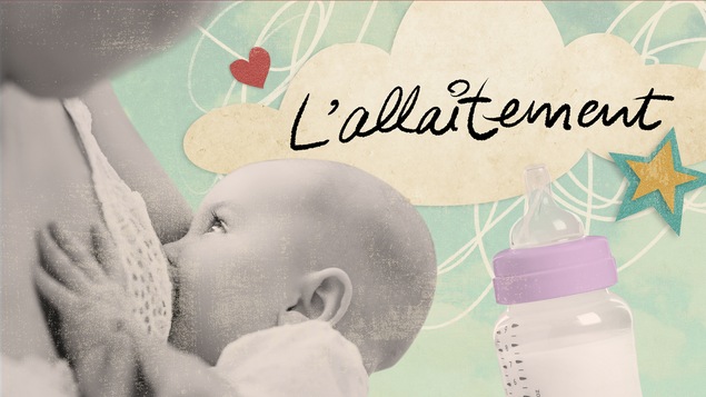 Un bébé tète au sein, un biberon et l'inscription « L'allaitement »