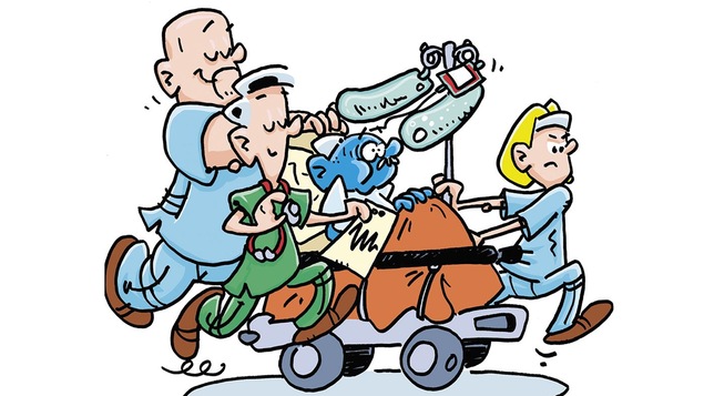 Une illustration de bande dessinée montrant trois professionnels de la santé en train de déplacer un malade qui a le visage bleu sur une civière.