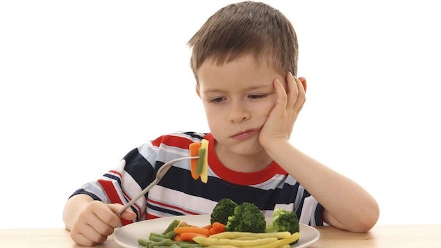 Enfant devant une assiette de légumes