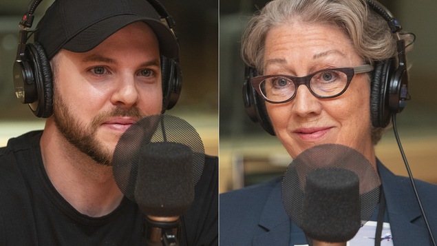 Alexandre Champagne et Hélène Samson au micro de Stéphan Bureau.