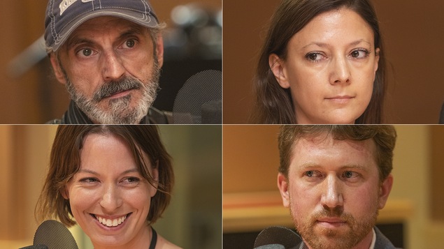 Réjean Fortin, Marie Hélène Poitras, Carine Daoust et Vincent Laliberté au micro de Stéphan Bureau.