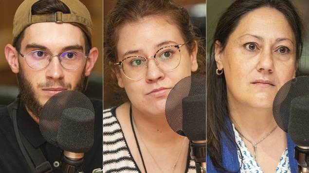 Luca Hueso, Mégan Brouillard et Flory Doucas au micro de Stéphan Bureau.