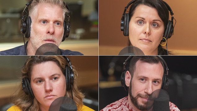 Frédéric Savard, Claudia Beaumont, Marie-Hélène Frenette Assad et Benoît Mercier au micro de Stéphan Bureau.