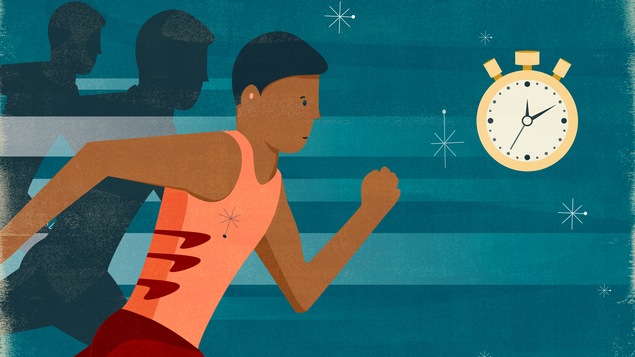 L'illustration présente un coureur en pleine course. Dans le coin droit se trouve un chronomètre.