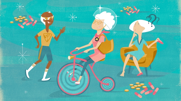 Illustration représentant trois aînés en 2067.