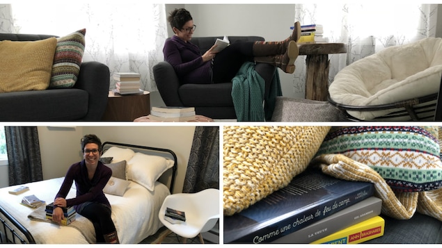 Montage de photos où l'on voit des livres, des coussins, un salon et une chambre à coucher