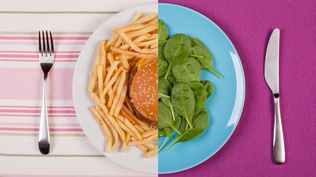 Une assiette coupée en deux. À gauche, une assiette remplie d'un hamburger, à droite, des feuilles d'épinard.