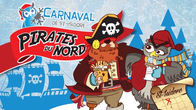 Affiche du Carnval de St-Isidore avec un dessin de pirate et de hibou