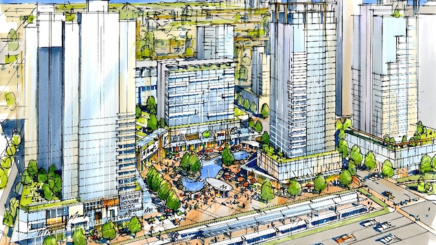 Dessin d'artiste d'un centre commercial avec trois tours d'habitations, incluant une terrasse publique avec un plan d'eau.