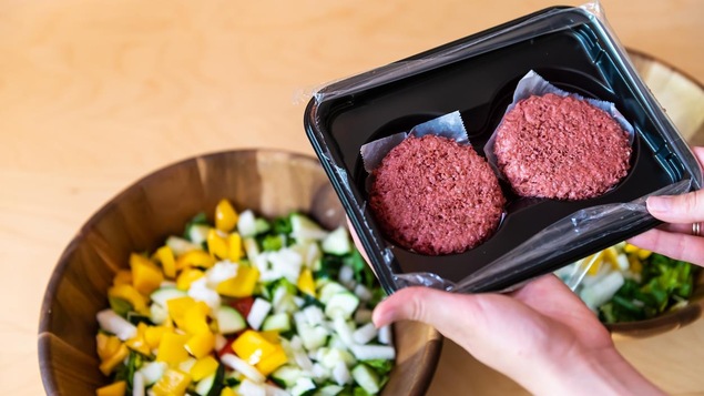 Une personne tient un paquet contenant deux boulettes de viande végétale crue.