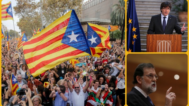 (gauche)Les catalans célèbrent la déclaration d’indépendance de la Catalogne, (haut à droite) Carles Puigdemont, le président destitué de Catalogne, (bas droite) Mariano Rajoy, le premier ministre de l’Espagne.
