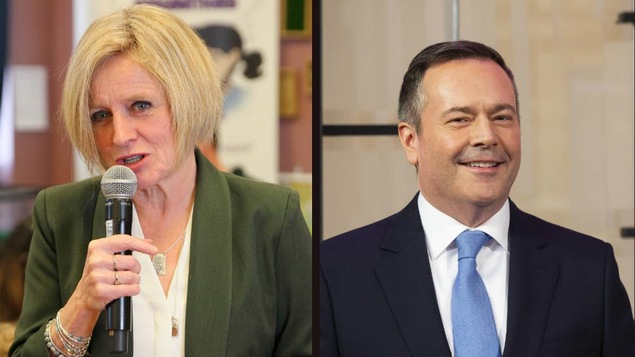 Rachel Notley à gauche et Jason Kenney à droite