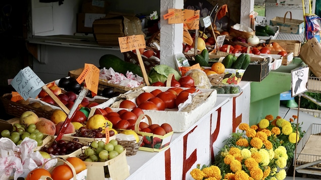 Un kiosque d’agriculteurs, avec légumes, fruits et fleurs