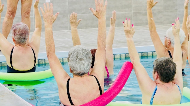 Des femmes à la tête grise qui font des exercices dans une piscine