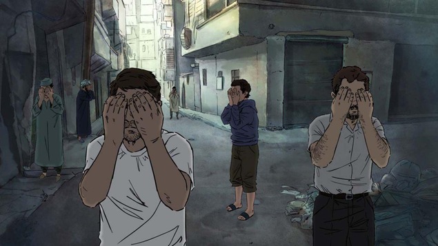 Extrait du film. Portion bande dessinée exprimant des gens se couvrant les yeux pour manifester leur silence.
