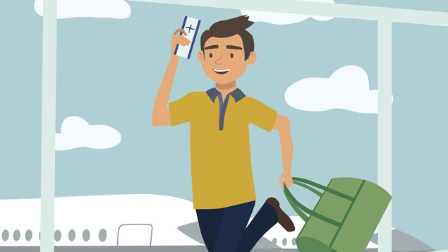 Un dessin montre un homme avec un billet d'avion dans les mains.