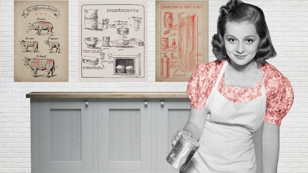 Un montage de photos montrant une femme de l'ancien temps tenant un pot de farine et de vieilles recettes affichées sur le mur derrière elle.
