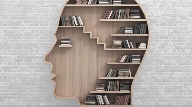Une étagère en forme de cerveau est adossée à un mur de briques blanches.