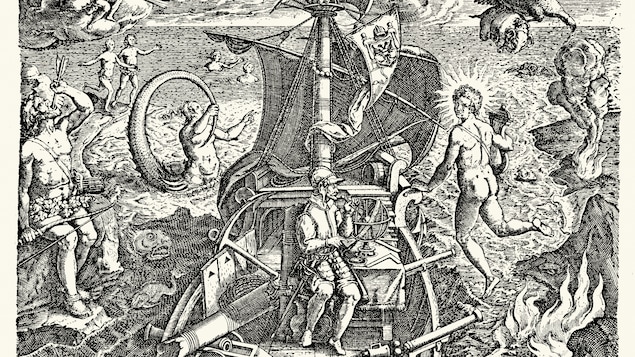 Une illustration du bateau et de l'équipage de Magellan.