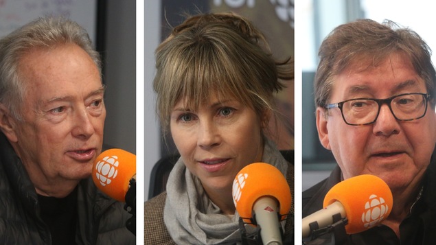 Gilbert Sicotte, Louise Archambault et Rémy Girard en studio.