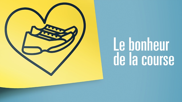 Illustration d'une paire de chaussures de course dans un cœur avec l'inscription « Le bonheur de la course ».