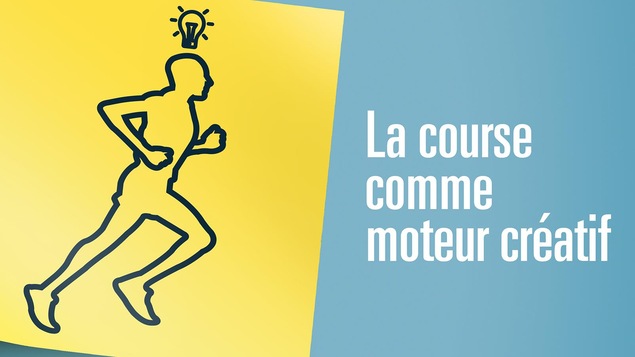 Dessin d'une silhouette d'homme qui court avec une petite ampoule qui s'éclaire au-dessus de sa tête avec l'inscription « La course comme moteur créatif ».