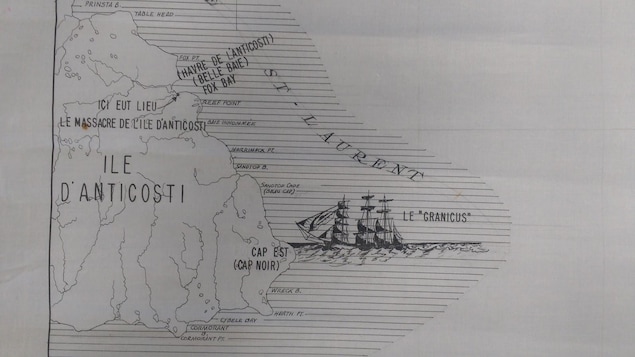 Carte maritime de l'île d'Anticosti où l'on retrouve la bateau nommé «le Granicus» ainsi que Fox Bay, l'endroit où a eu lieu le massacre de l'île d'Anticosti.