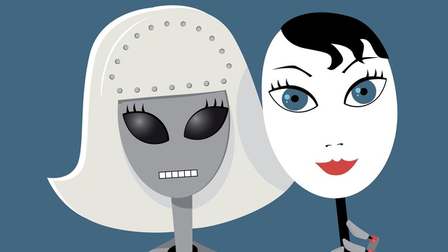 Une illustration montrant un robot tenant un visage humain sur un carton posé au bout d'un bâton.