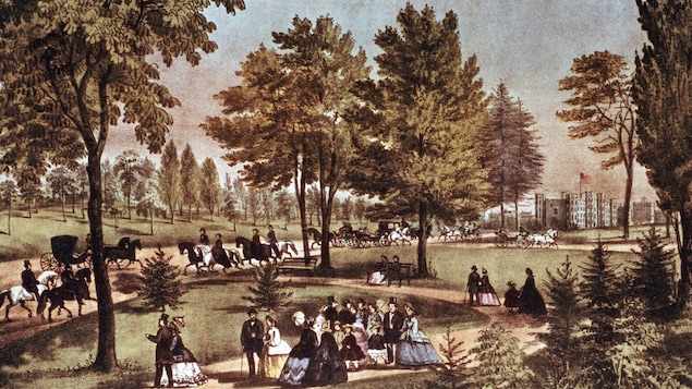 Une illustration de Central Park vers 1875 où l'on voit des citadins, des carrosses et des chevaux.