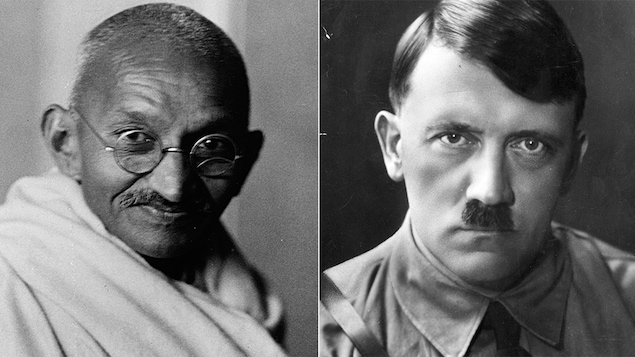 Portraits de face de Gandhi (vers 1940) et d'Adolf Hitler (vers 1935)