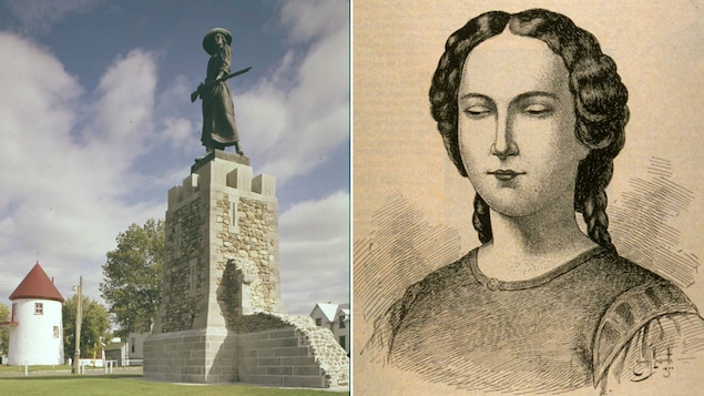 Une statue représentant Madeleine de Verchères et le détail d'un dessin réalisé par Edmond-Joseph Massicotte