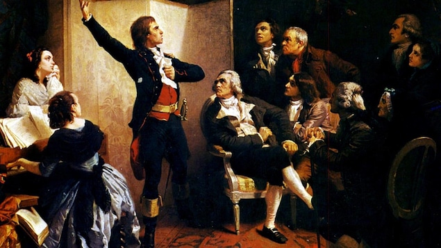 Un tableau représente un chanteur devant une dizaine de personnes. À gauche de la toile, une pianiste l'accompagne.