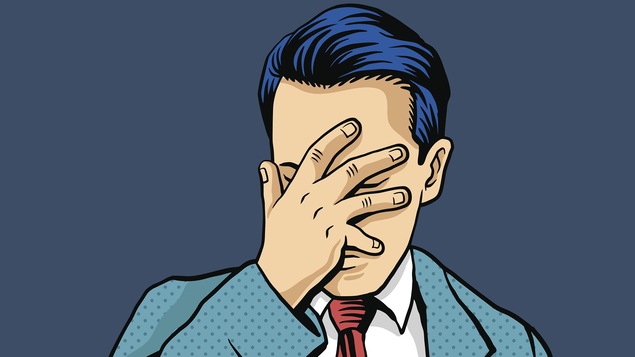 Dessin d'un homme se cachant le visage sous la paume sa main droite.